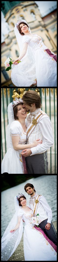 two people dressed in wedding clothes hugging each other