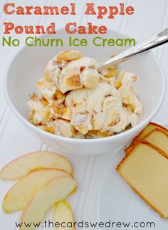 a bowl filled with ice cream next to slices of bread and an apple on the side