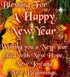 a happy new year greeting card with sunflowers and christmas decorations on an orange background