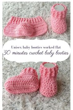 three crocheted baby booties are shown with the words,'10 minutes crochet baby booties '