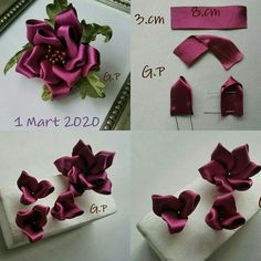 the instructions for how to make a flower with satin ribbon and fabric flowers are shown