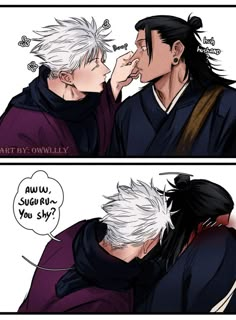 two anime comics one with white hair and the other with black hair, kissing each other