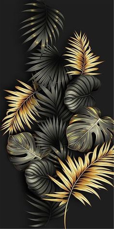 a bunch of tropical leaves on a black background with gold foiling in the middle