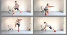 a man sitting on a chair doing exercises for his legs and arms, in four different positions