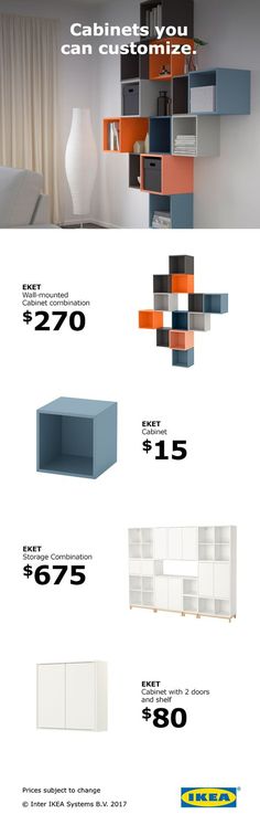 an advertisement for the furniture store called cabinet you can customize, with different colors and sizes