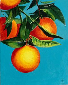 an oil painting of oranges on a tree branch