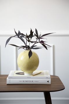 a yellow vase sitting on top of a table next to two books and a plant