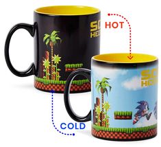 two black and yellow coffee mugs with sonic the hedgehog on them, both have different colored rims