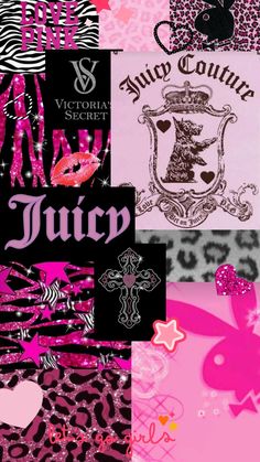 the word juicy is surrounded by pink and black patterns, hearts, and zebra prints