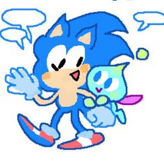 an image of a cartoon character with speech bubbles in the background and a drawing of a sonic