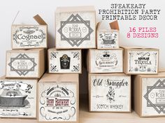 a bunch of boxes that are stacked on top of each other with the words, speakeasy prohibition party printable decor