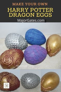 harry potter eggs with different colors and patterns on the top one is gold, silver, and purple