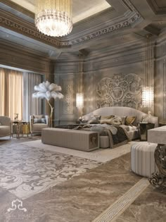 a luxurious bedroom with chandelier, sofa and bed in the middle of it