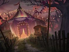 a painting of a circus tent in the middle of a forest with lights on it