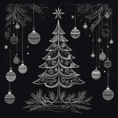 a black and white christmas tree with ornaments hanging from it's sides on a dark background