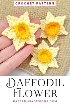 the crochet pattern for daffodil flower is shown in yellow and white