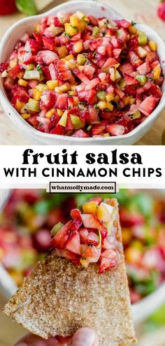 fruit salsa with cinnamon chips in a white bowl