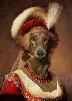 a painting of a dog wearing a red and white dress with feathers on it's head