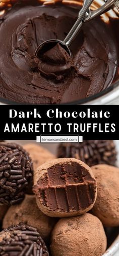 chocolate amareto truffles in a bowl with spoon