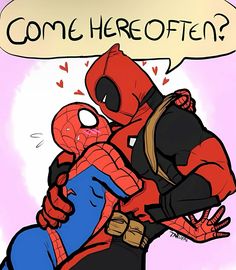 a drawing of deadpool hugging spider - man with the caption'come here often? '