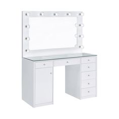 a white dressing table with drawers and lights on it's sides, in front of a white background