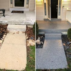 before and after photos of concrete steps leading to a front door