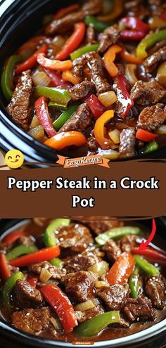 two pictures of peppers and meat in a crock pot with the words pepper steak in a crock pot