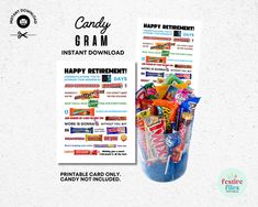 Looking for a retirement gift idea for a coworker? This funny retirement candygram card is a great way to celebrate the new retiree. It also makes a great retirement party decoration. All you have to do is print the digital download. Then purchase the candy shown on the card. Stores like Walgreens, CVS and large stores at gas stations always have the best selection of candy. Then make a festive gift box or bucket of candy and attach the card. The acrylic candy bucket in my photo is from Party City. Please note: No physical product will be shipped to you. The instant download is a pdf for the happy retirement candy gram card. The file includes two card sizes (5x7 and 8½ x 11). Actual candy is not included. Feel free to print as many as you need for personal use. For best results, print on w Candy Poster Board, Retirement Candy, Happy Retirement Decorations, Candy Bar Poster, Coworker Retirement, Retirement Gift Ideas, Funny Retirement Cards, Candy Board, Retirement Party Gifts