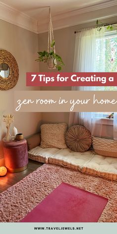 a living room with pink rugs and white curtains on the window sill is featured in this article