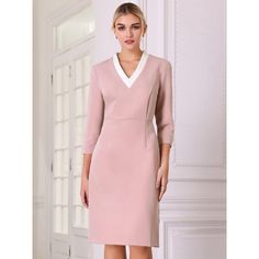 Keep your look professional and stylish in this dress from Hobemty, featuring a V neck, contrast color, 3/4 sleeve, split back, and midi length. Pair with high heels for a formal office look. Focused on Ladies' Formal Wear - This dress can be a perfect addition to almost any outfit from formal to daily wear, It is great for work, meetings, office, businesses, work, party, cocktail, wedding, casual, daily dressing, etc. Office Lady Dress With 3/4 Sleeves For Work, V-neck Bodycon Office Dress, Spring Sheath V-neck Dress For Office, Fitted Sheath V-neck Dress For Office, Pink 3/4 Sleeve Dress For Work, Ribbed Bodycon Midi Dress, Wedding Casual, Formal Office, Work Meetings