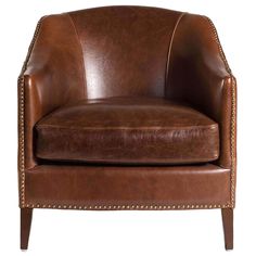 a brown leather chair with studding on the arms and back, sitting against a white background