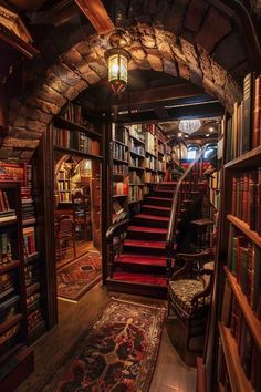 the stairs are lined with books and rugs