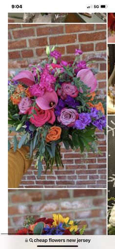 four different pictures of flowers in vases and on the wall, with brick background