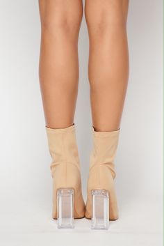 Nude Sock Booties Clear Heel Material: Synthetic 4.5" Heel Fit: True to Size Nude Socks, Strappy Block Heel Sandals, Strappy Block Heels, Sock Booties, Socks And Heels, Clear Heels, Block Heels Sandal, Over Knee Boot, Set Dress