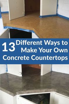 an open dog house with the words 13 different ways to make your own concrete countertops