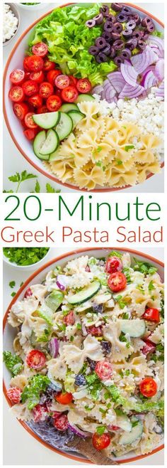 two plates filled with different types of pasta salads and the words 20 minute greek pasta salad