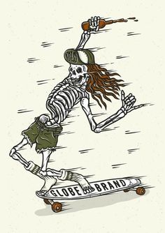 a skeleton riding a skateboard while wearing a hat