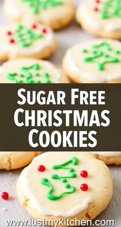 sugar free christmas cookies with green and red sprinkles on top, in front of