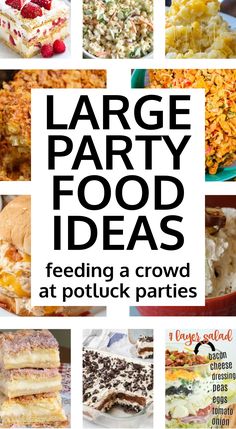 large party food ideas including cake, salads and desserts with text overlay