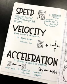 an open notebook with notes and instructions on how to speed in a stationary car or truck