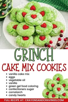 an advertisement for a cake mix cookie recipe with green cookies and red hearts on it