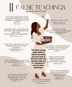 a poster with the words 11 false teachings and an image of a woman holding books