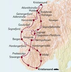 a map showing the route for iceland and its surrounding region, including mountains and lakes