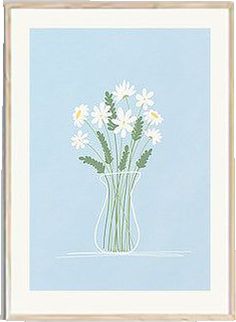 a painting of daisies in a vase on a blue background