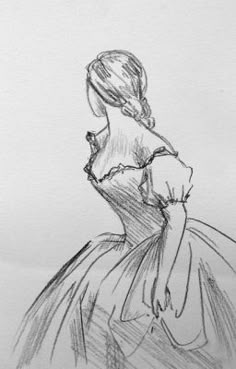 a drawing of a woman in a dress with her back to the camera, looking down