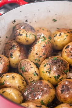 a pot full of potatoes with the title overlay that reads dutch oven potato potatoes