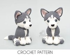 two crocheted stuffed animals sitting next to each other on a gray background with the words crochet pattern below it