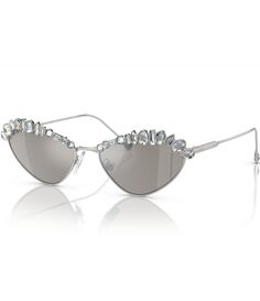 From Swarovski&#x2C; these women's sunglasses feature:Metal frameCat eye shapeMirrored lensNot Rx ableNon-polarizedApprox. 55mm lens- 17mm bridge- 140mm templeImported. Luxury Glamorous Sunglasses With Mirrored Lenses, Glamorous Silver Glass Sunglasses, Elegant Silver Cat Eye Sunglasses, Elegant Bling Sunglasses With Glass, Swarovski Sunglasses Women, Swarovski Sunglasses, Premier Jewelry, Eye Shapes, Sparkling Crystal