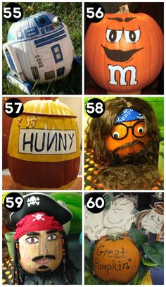 pumpkins with different faces and numbers on them, including the characters from star wars