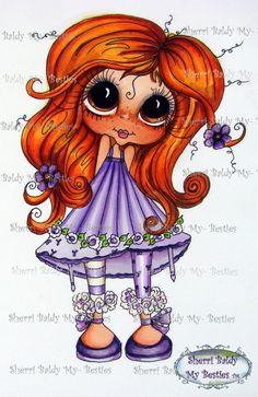 a drawing of a girl with long red hair and big eyes, wearing purple shoes